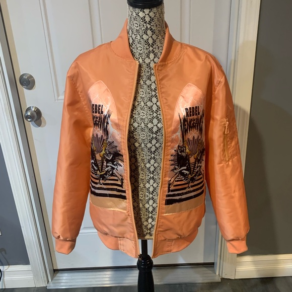 Rebel Vengeance Orange Bomber Jacket with Graphic Design - Picture 3 of 10